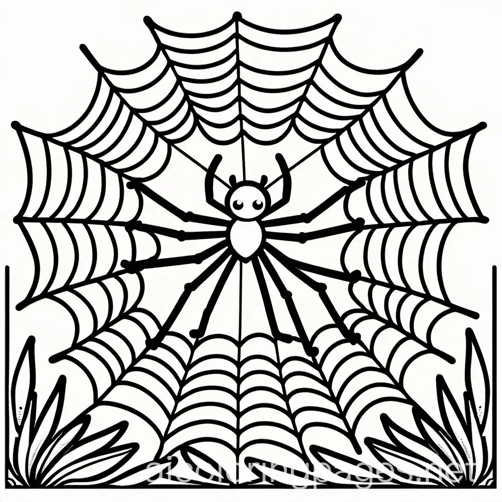 a big happy spider on her web, Coloring Page, black and white, line art, white background, Simplicity, Ample White Space. The background of the coloring page is plain white to make it easy for young children to color within the lines. The outlines of all the subjects are easy to distinguish, making it simple for kids to color without too much difficulty