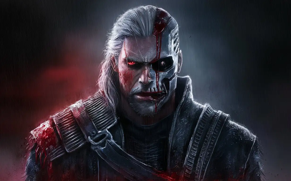 Geralt became half a terminator, half a man, a dreadful atmosphere. On one eye, a crimson red pupil, on the other, a black eye. Rain falls on the face, blood flows.