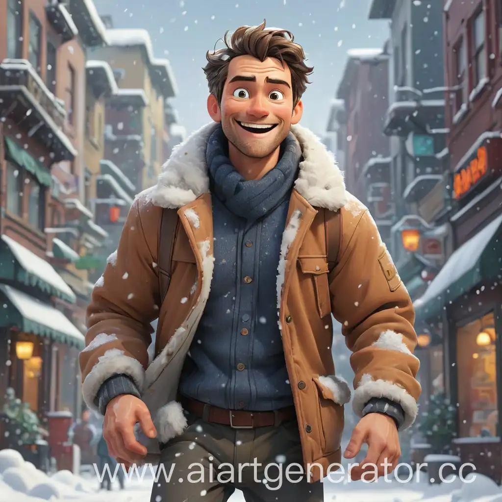 мультяшный город идет крупный снег красивый мужчина в полный рост радуется