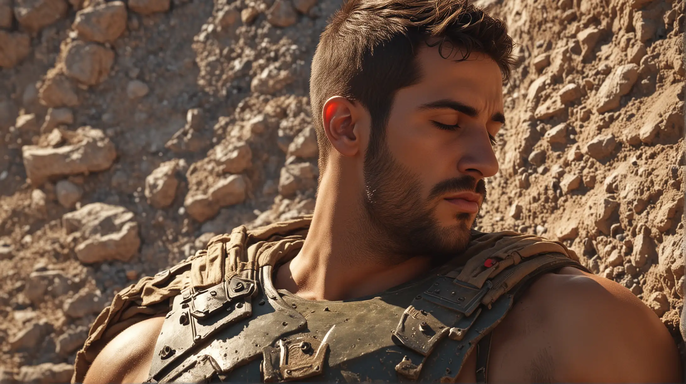 hot male spartan soldier, sleeping in the sun, ultrarealistic, 8k, UHD, canon shot, very handsome and hot fun