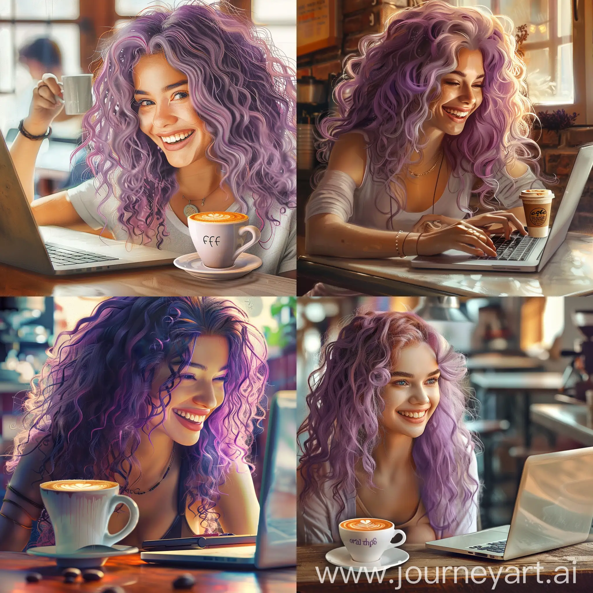 Красивая девушка с фиолетовыми кудрявыми волосами улыбается в кафе и работает за ноутбуком. Рядом стоит стаканчик кофе фотореализм