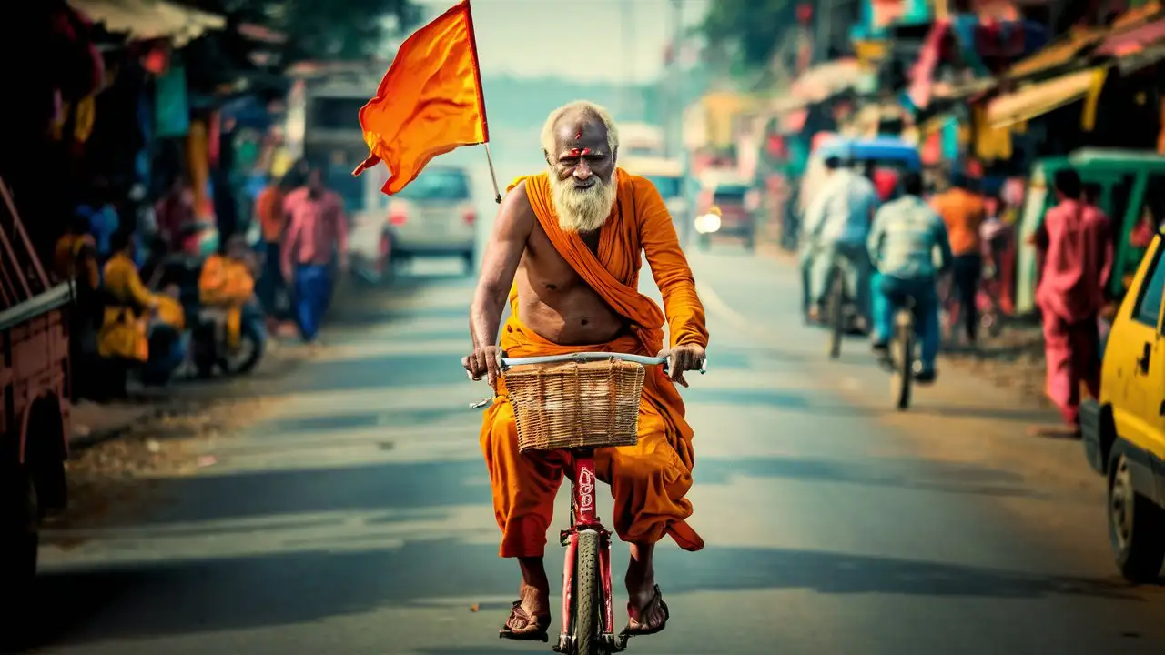 71 years old Indian old man wear orange sadhu dress riding a cycle on Indian road, shot from behind, one orange flag flying on cycle