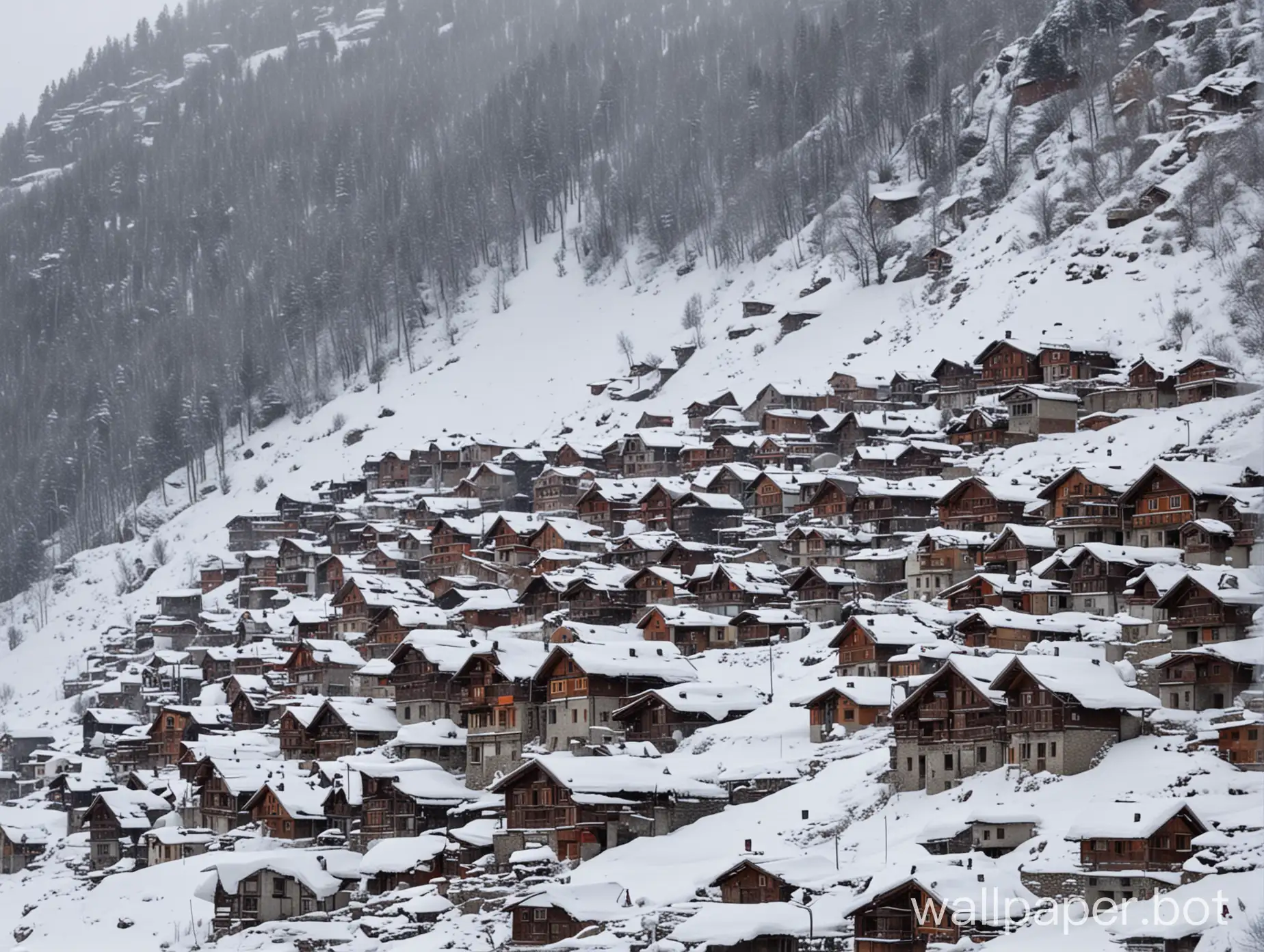 avalanche of snow descends from mountain slope to village houses
