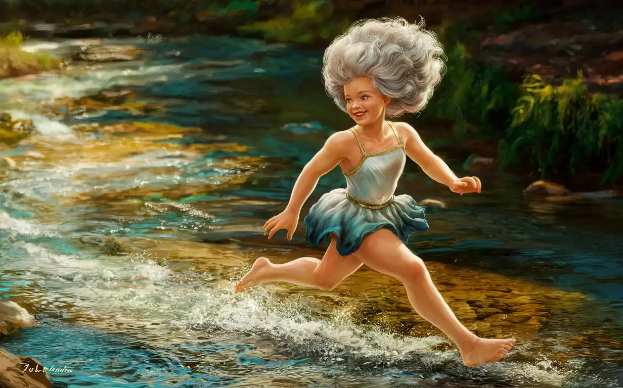 Диникилообу - богиня бегущей воды весёлая юная девочка во весь рост с пышными белыми волосами 
 в коротком бело-голубом платье бежит по берегу ручья детализированное изображение
