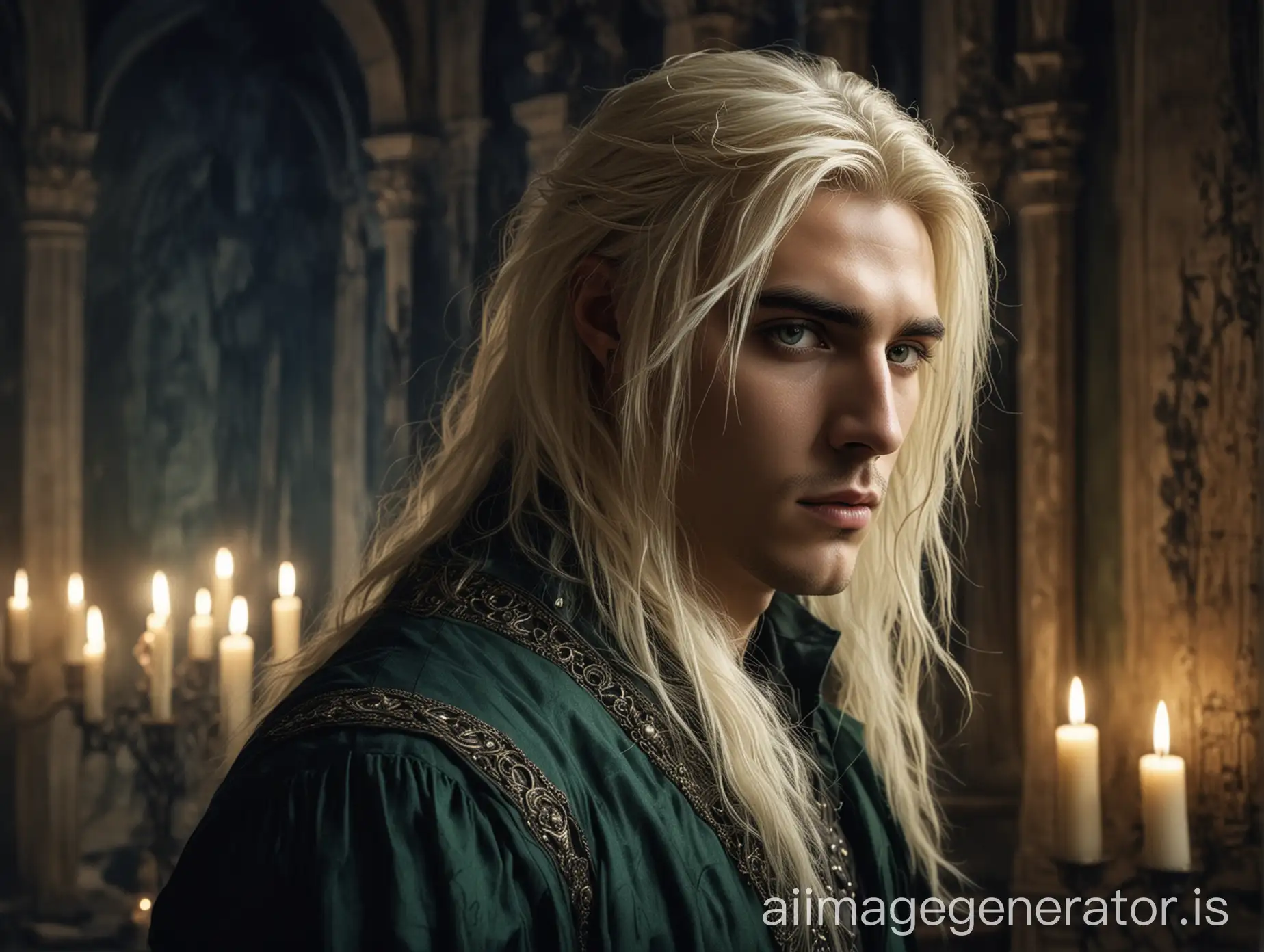 scar across his left eye, portrait, luis royo style, handsome young man with a long face long full platinum blonde sleek hair, big scar across left eye, dressed in intricate dark green clothes, background is a cluttered castle room royal room lit by candles, midnight blue backlight