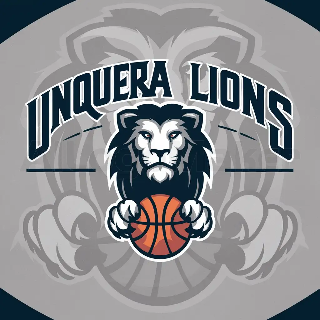 a logo design,with the text "Unquera Lions", main symbol:león y balón de baloncesto,Moderate,clear background