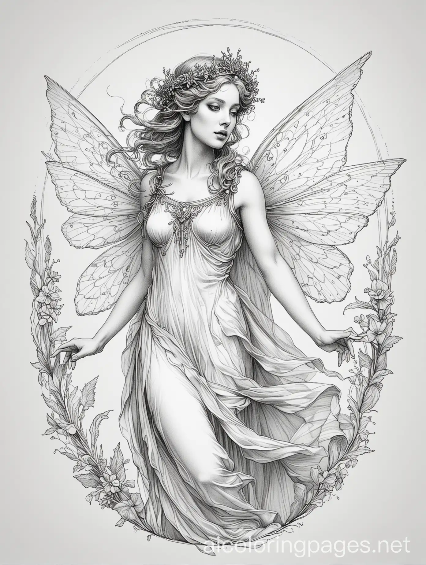 Fairy from the opera Orpheus and Eurydice, stroke drawing, Coloring Page, black and white, line art, white background, Simplicity, Ample White Space.