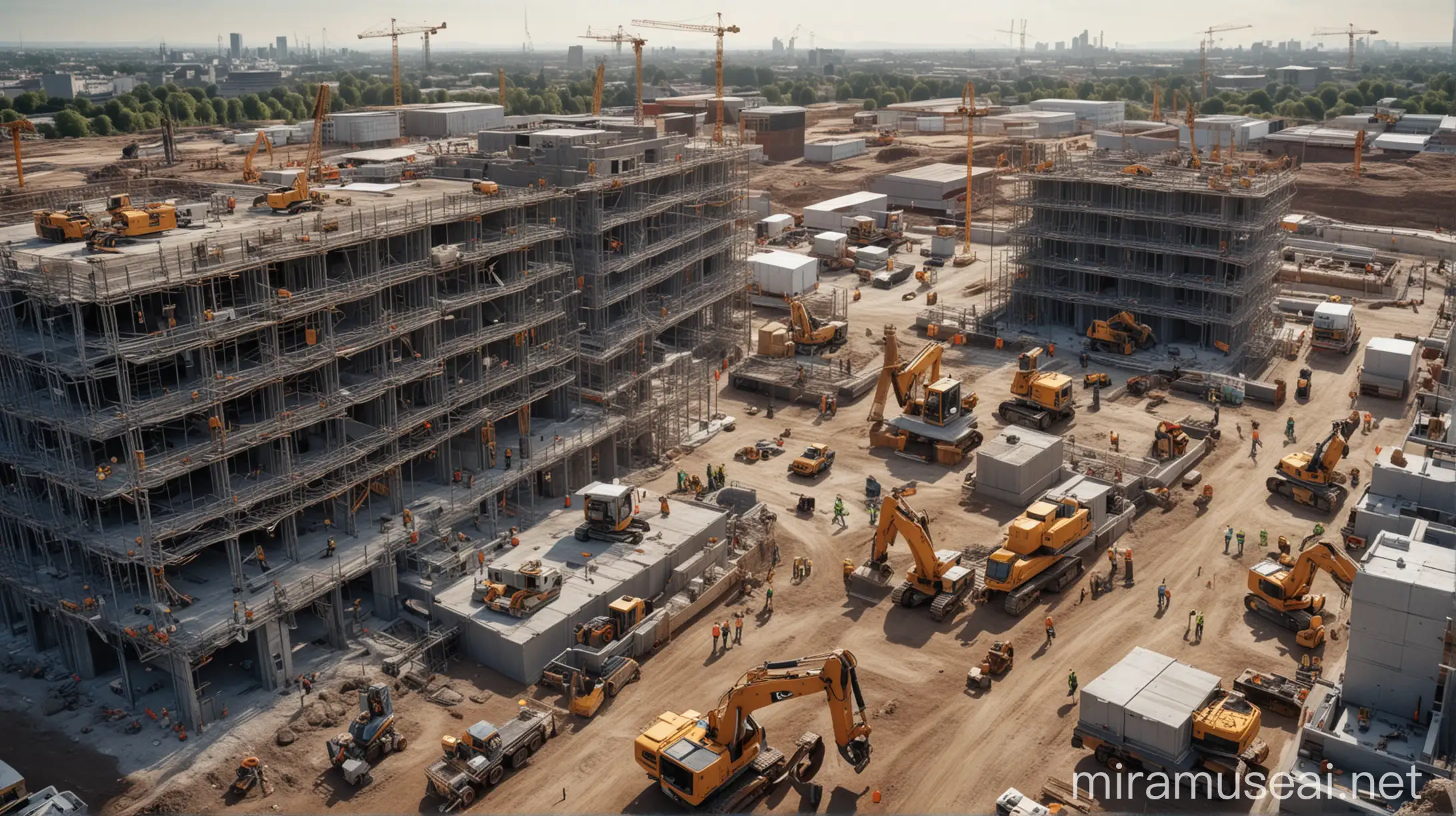 Create a realistic image of a construction site where digital twin, robots, artificial intelligence, IoT are used to build sustainable buildings.  The image must be 1280x600 DPI.