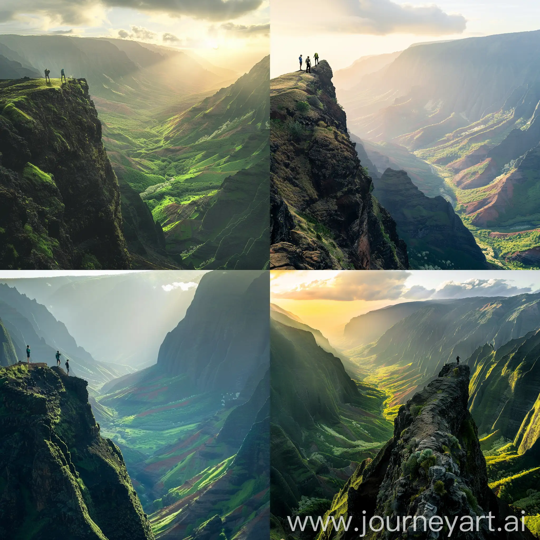 "Generate a high-quality photo of real humans standing on the summit of the highest mountain with a deep green valley below them during sunrise. The scene should be breathtaking and captivating, suitable for a stock photo website like iStock."