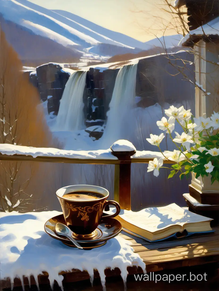 Vladimir gusev Oil painting of a brown cup of coffe with closed book on a shelf , outside view of a winter mountain and waterfall with  white flowers