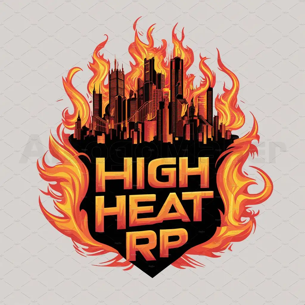 a logo design,with the text "High Heat Rp", main symbol:city skyline of fire colourful flames,complex,clear background