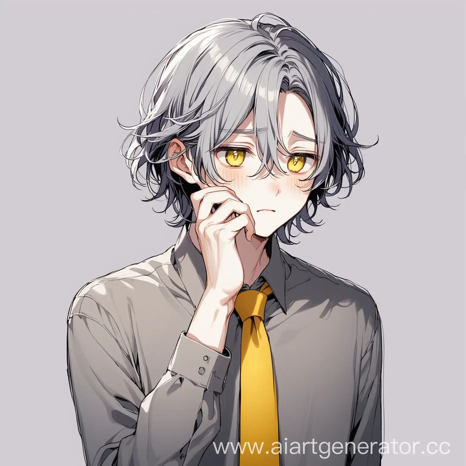 Nice guy; White skin; the pupils are purple and the whites are black; hair is wavy and delicate; shoulder length hair, short; gray shirt; yellow tie; very embarrassed and shy; closed hand