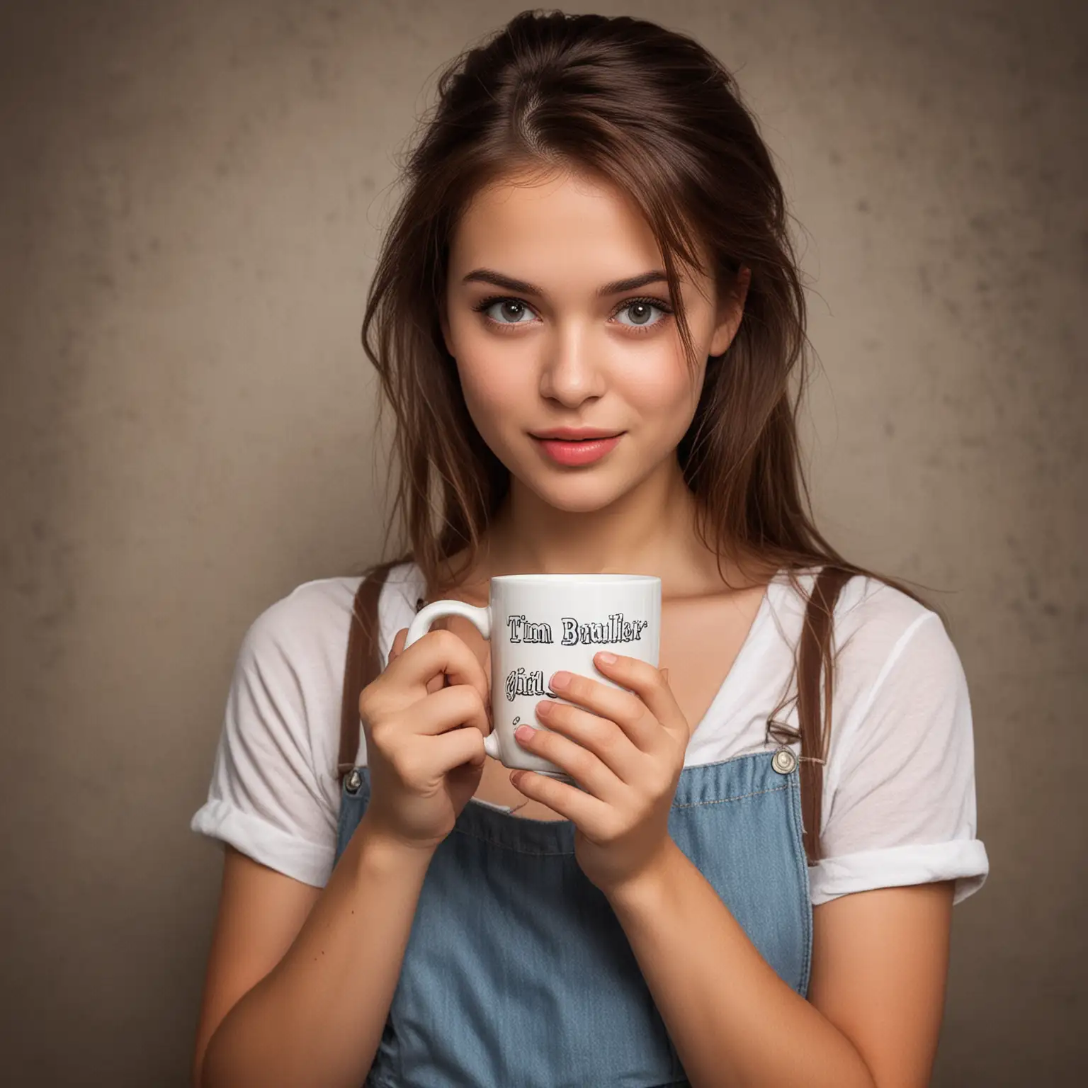 Generate an image of Generate an image of Realistic image, Wall background texted 'TIM BROILER'
a beautiful girl hold texted mug 'Pagi'