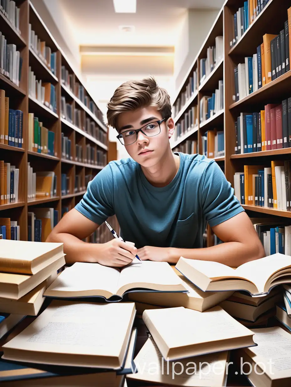 I am a college boy student, I am studying hard in the library.there are piled high with books and notes on the table