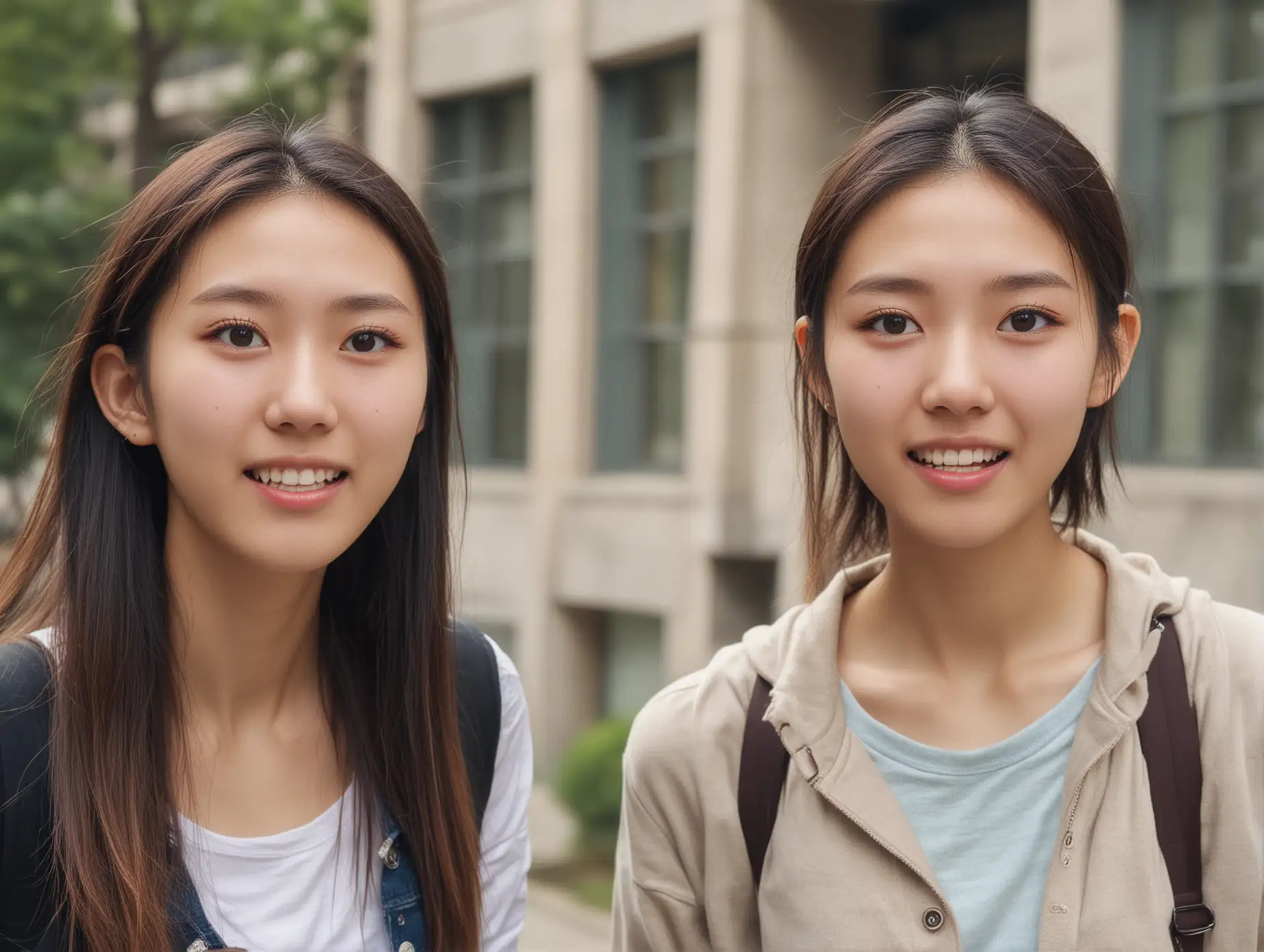 Close up faces of two beautiful skinny 20 year old female students at an elite Chinese university, standing outside on campus on a warm day staring at the camera in shocked excitement and arousal