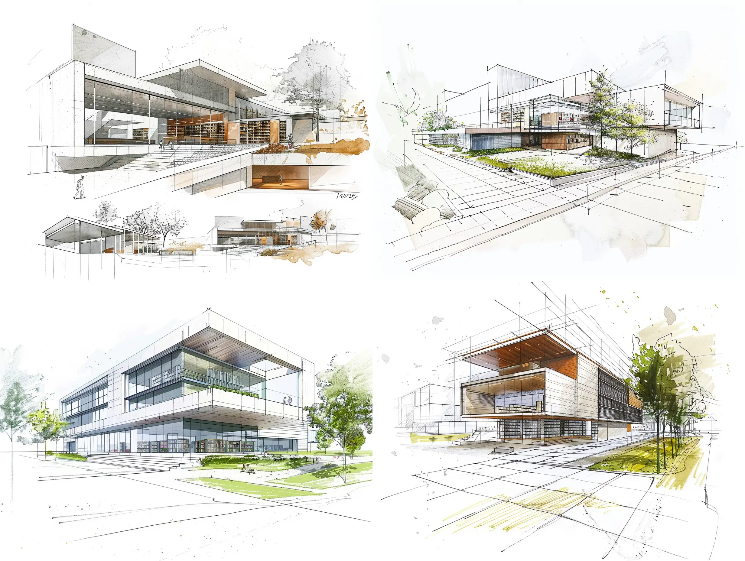 工业建筑设计，概念草图，[现代图书馆的外观图，包括图书馆外围的景观设计]，多视图绘图，现代极简主义，干净的线条，白色背景，- 3:4 -v 6.0