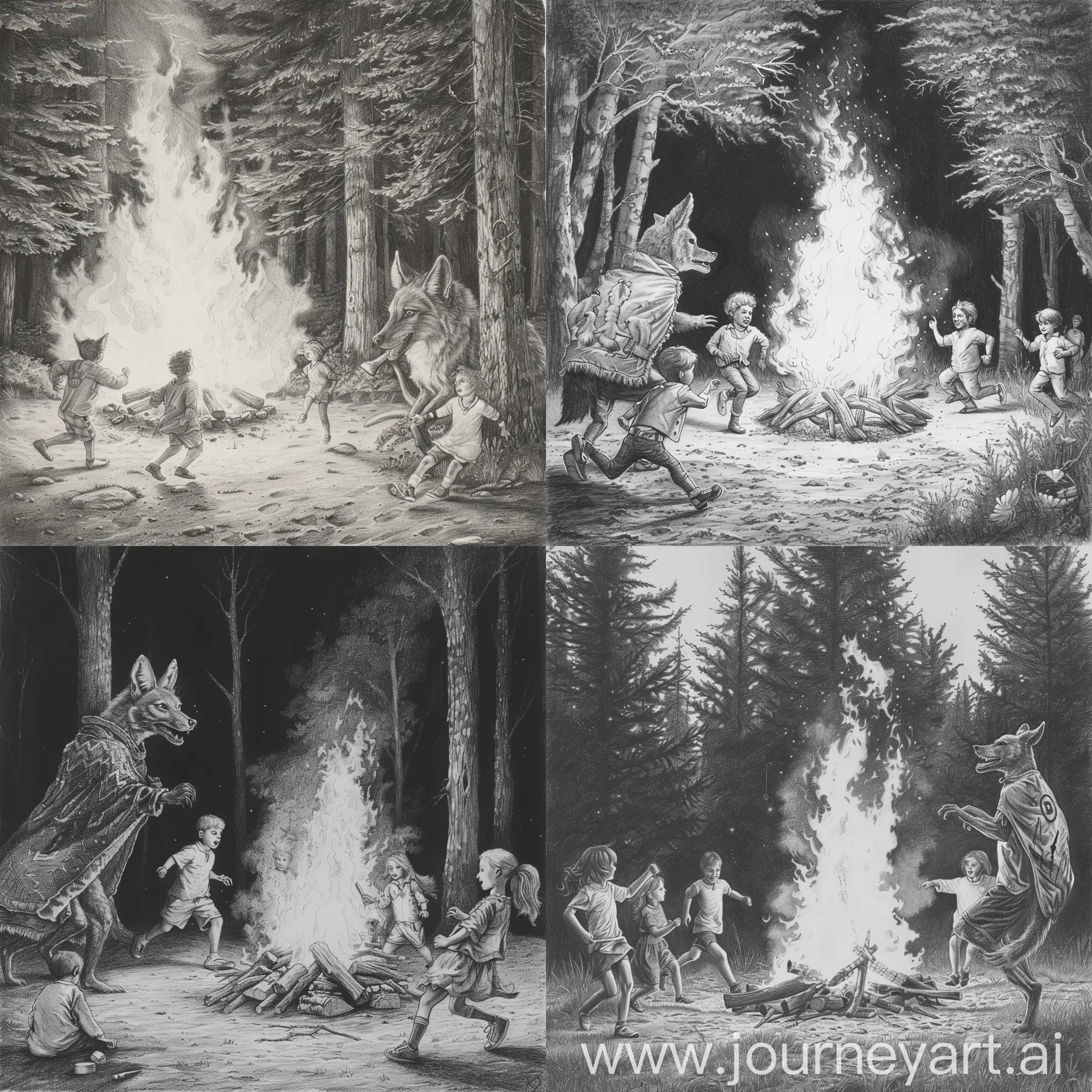 pencil drawing, black and white, graphics, forest clearing, large bonfire, children running around the campfire, children are being watched by an anthropomorphic jackal in a mantle