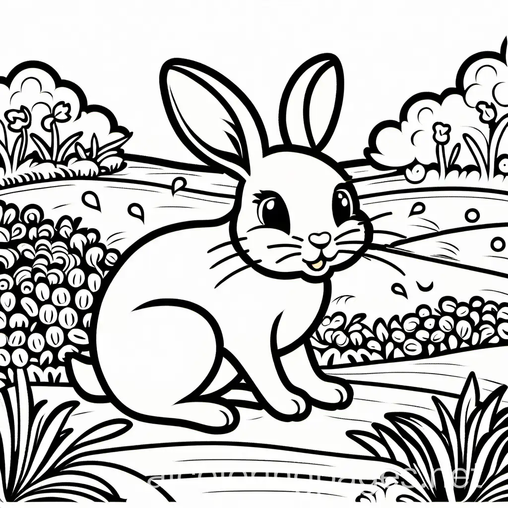 a rabbit eating a carrot in its mouth in a garden, Coloring Page, black and white, line art, white background, Simplicity, Ample White Space. The background of the coloring page is plain white to make it easy for young children to color within the lines. The outlines of all the subjects are easy to distinguish, making it simple for kids to color without too much difficulty