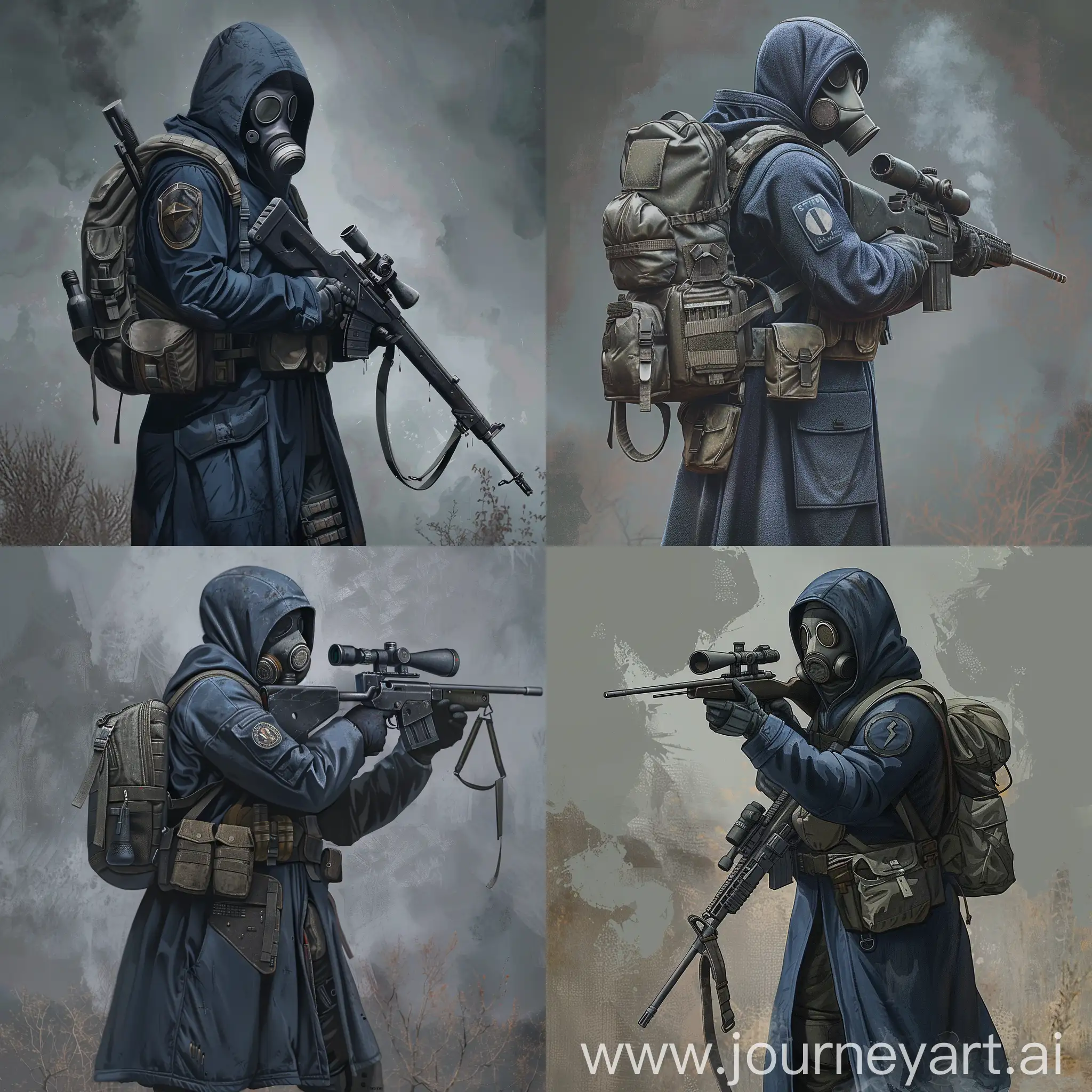 Concept art a mercenary from the universe of S.T.A.L.K.E.R., a mercenary dressed in a dark blue military raincoat, gray military armor on his body, a gas mask on his face, a small military backpack on his back, sniper rifle in his hands.