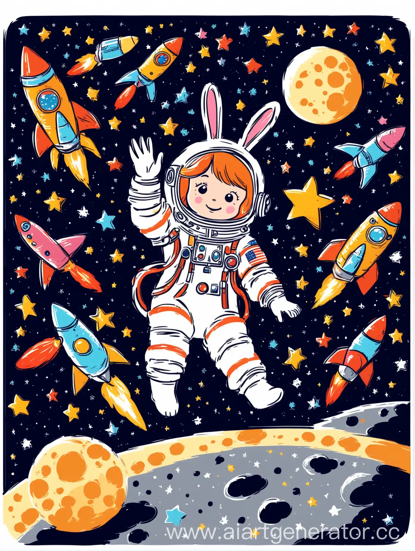 Космонавт-зайчик сидит на месяце и рисует милые звездочки. На фоне детские ракеты. Стиль рисунка Вектор, стиль дисней. Яркое и красочное, детское изображение