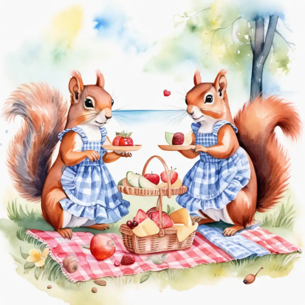 
Med vattenfärg, två söta ekorrar i klänning som har picknick tillsammans, sommar