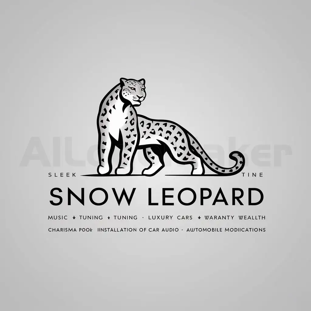 a logo design,with the text "Music, tuning, luxury cars, quality product, warranty, charisma, wealth, installation of car audio, automobile modifications", main symbol:Snow leopard,Minimalistic,clear background