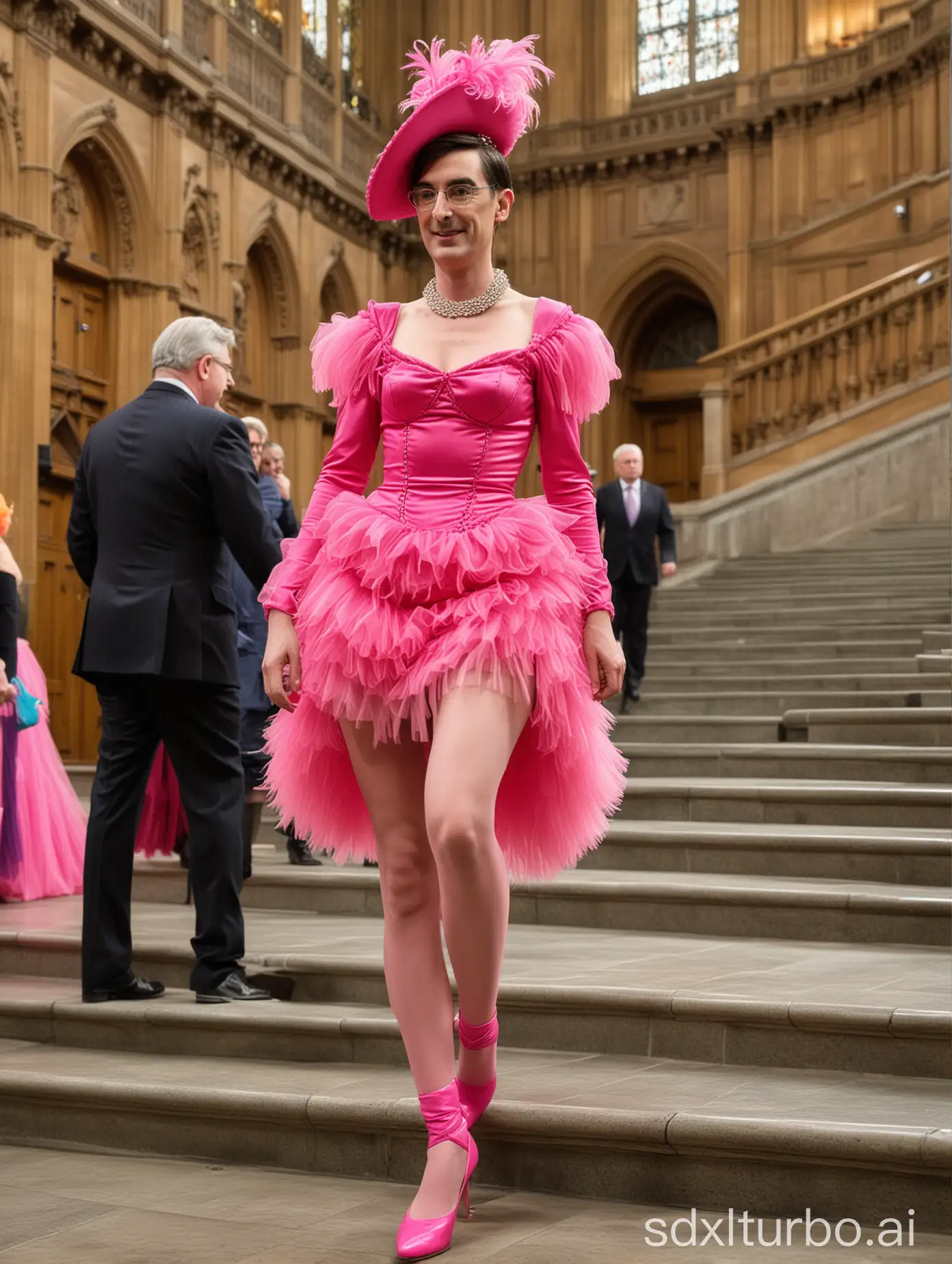 (((Political drag race))), photograph of british politician Jacob Rees-Mogg in a bright pink ballerina drag queen dress and high heel boots walking in parliament