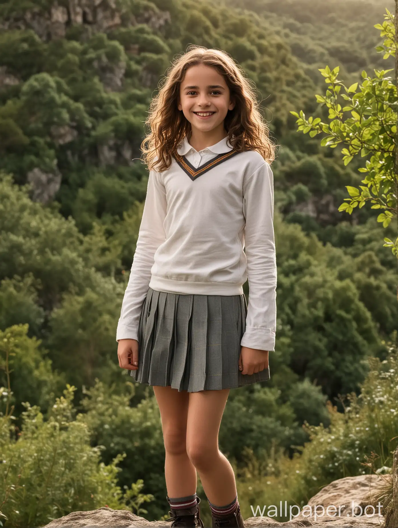 eleven-year-old girl, full height, Hermione Granger, against a nature backdrop, light clothing, short skirt, smile