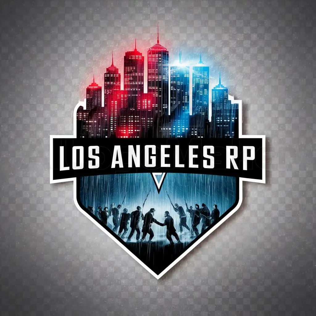 a logo design,with the text "los angeles rp", main symbol:Skycrapers flashing red and blue lights with an intense battle of police and criminals with rain pouring down from the sky,Moderate,be used in Others industry,clear background