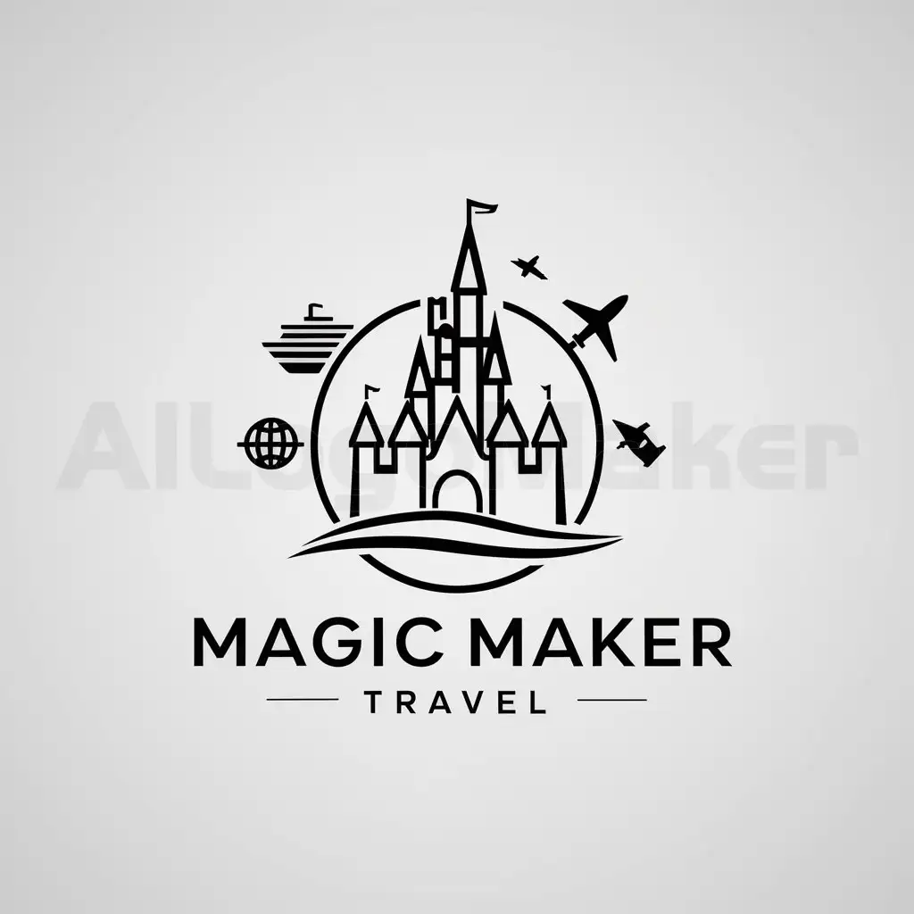 a logo design,with the text "Magic Maker Travel", main symbol:Disney Castle
Cruise
Airplane
Globe
,Minimalistic,be used in Travel industry,clear background