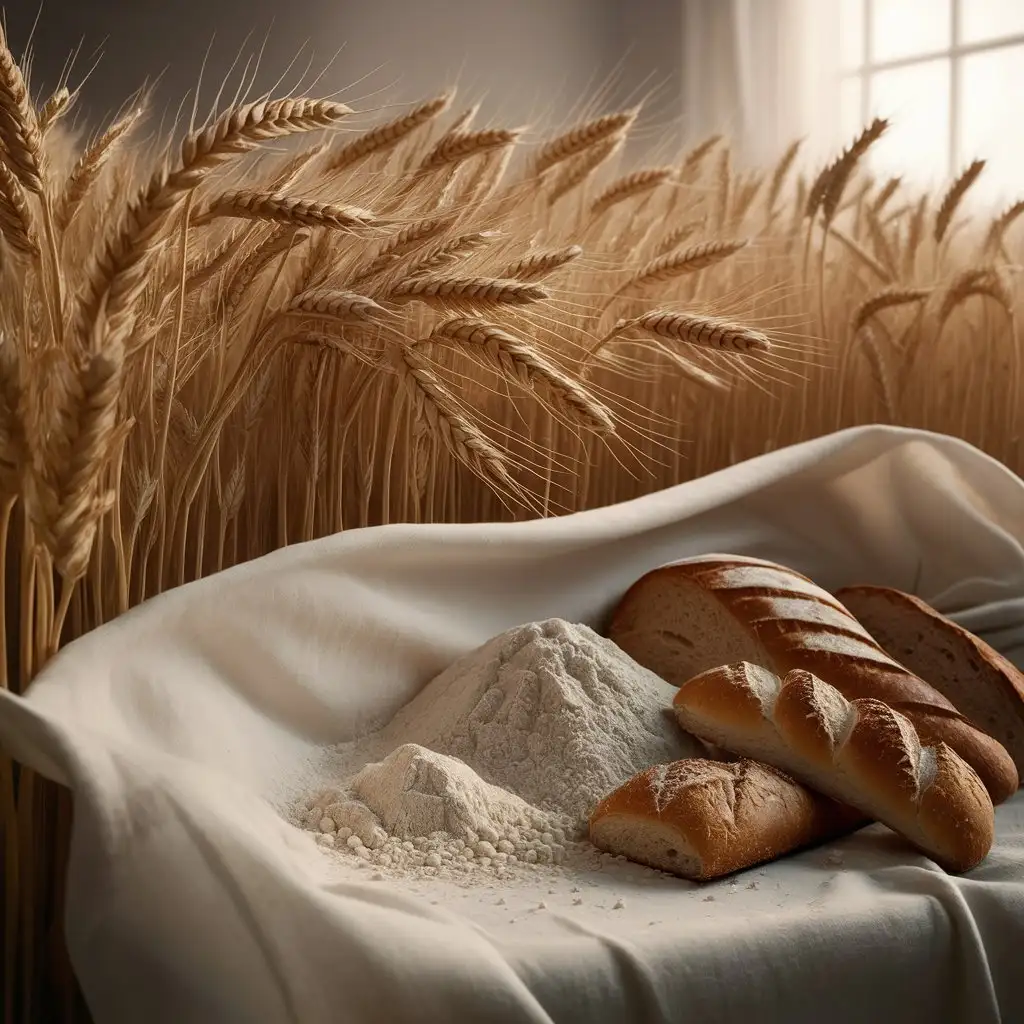 A bunch of wheat standing next to flour and some bread in a light background