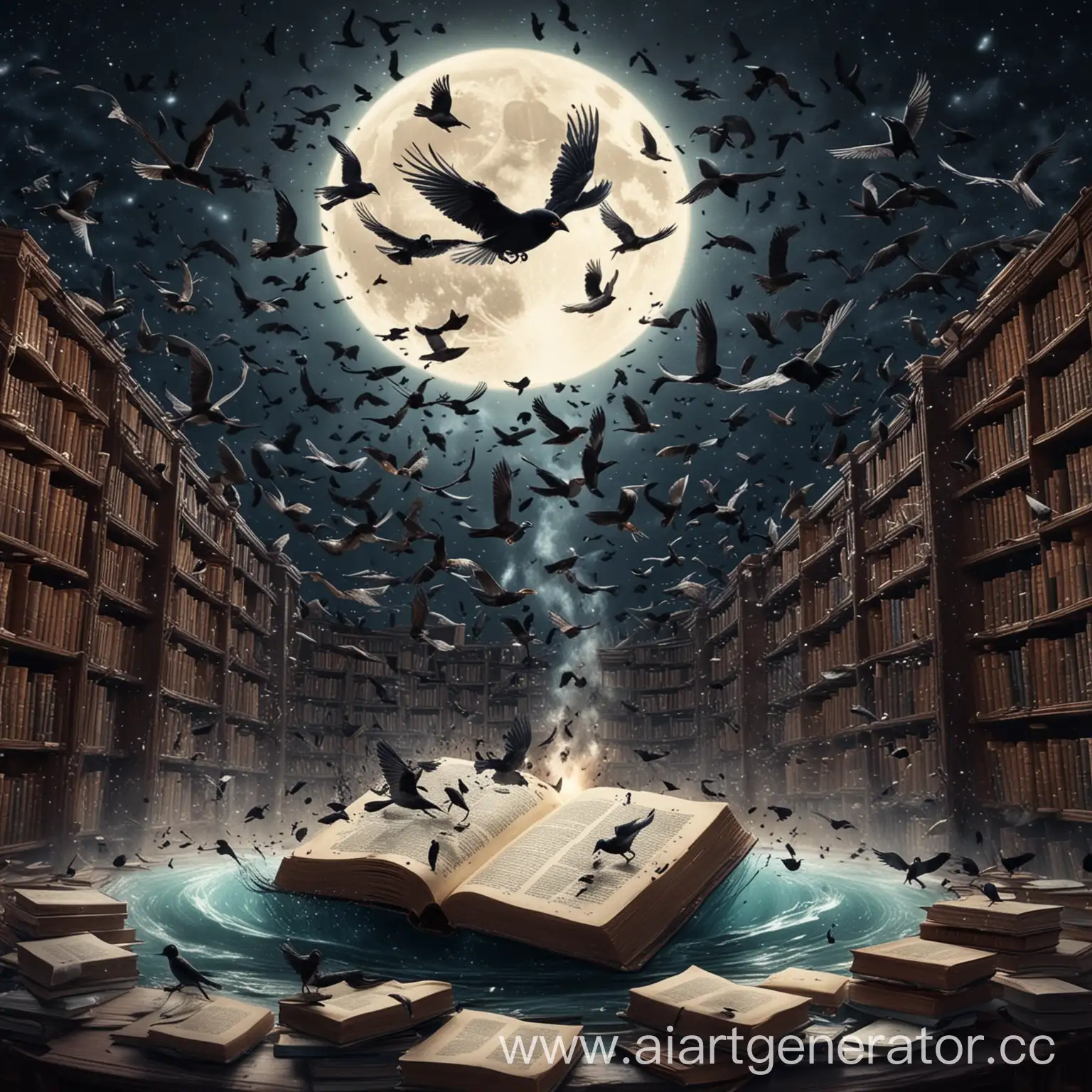 Enchanted-Library-at-Night-Creatures-Emerged-from-Books-Amidst-Moonlit-Chaos