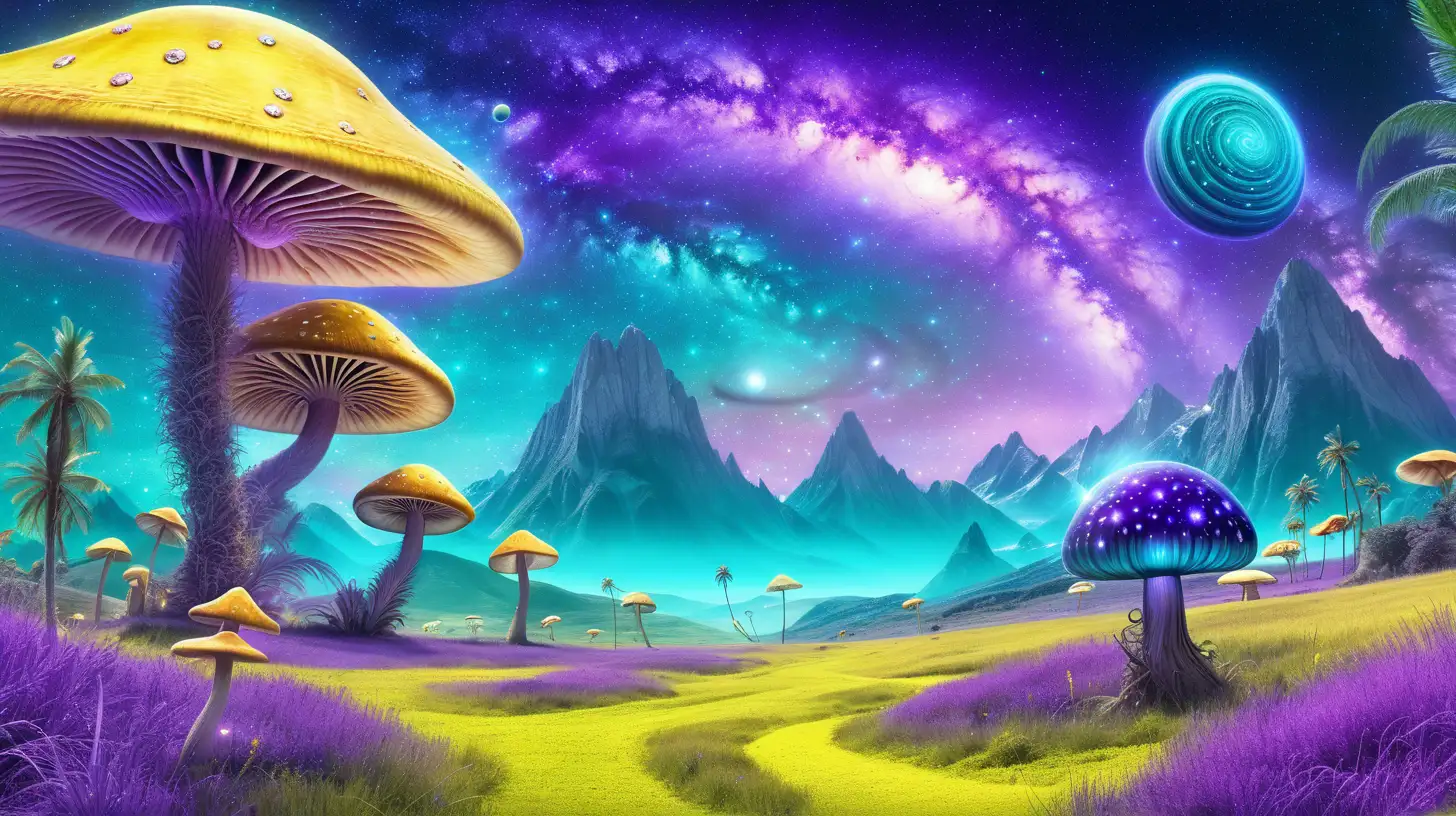 Yellow and Turquoise grass with fairytale green palm trees and  magical giant luminescent mushrooms surrounded by a purple galaxy spiral background and mountains and a planet in the sky