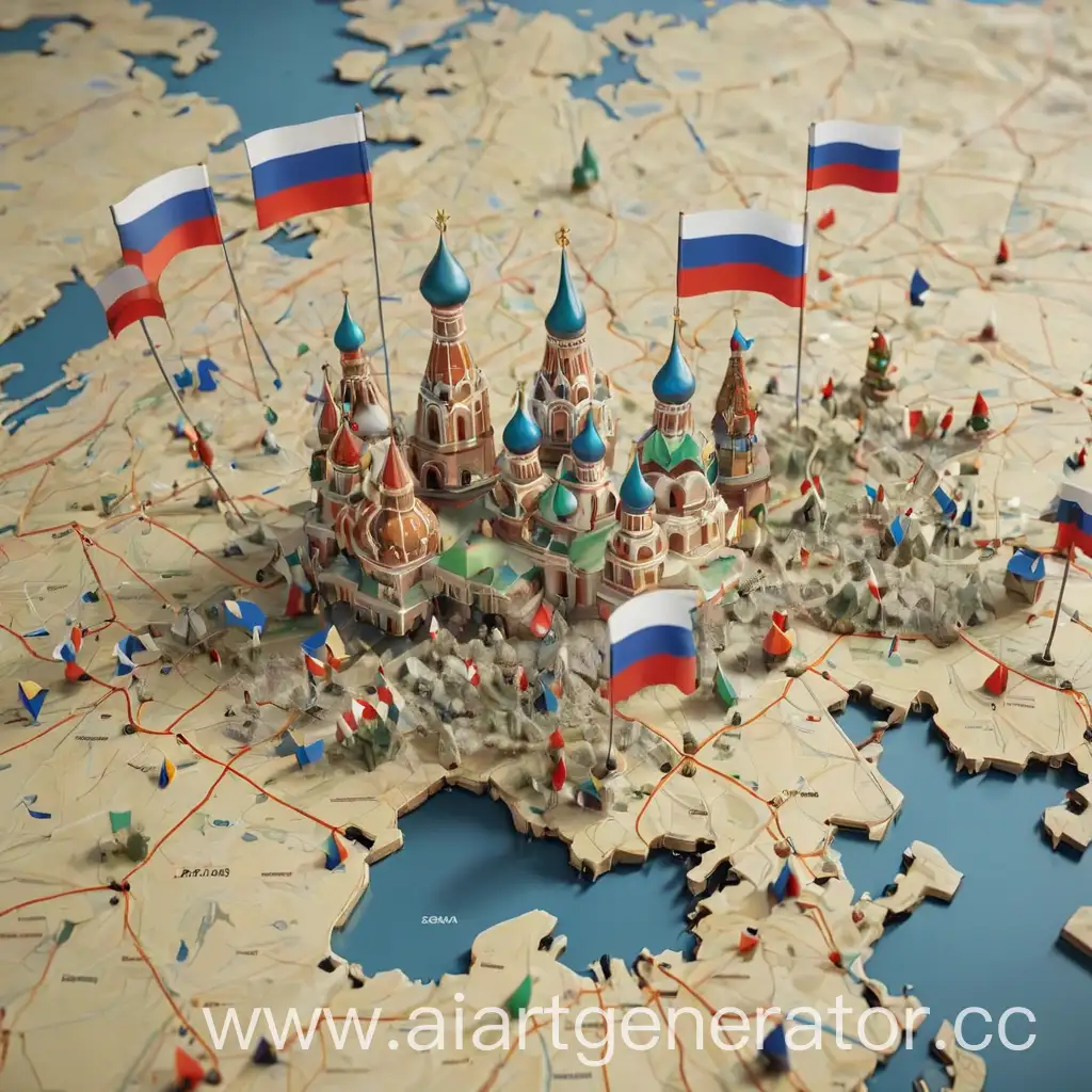 карта России в 3d с маленькими флажками установленными в крупных городах, макет для баннера