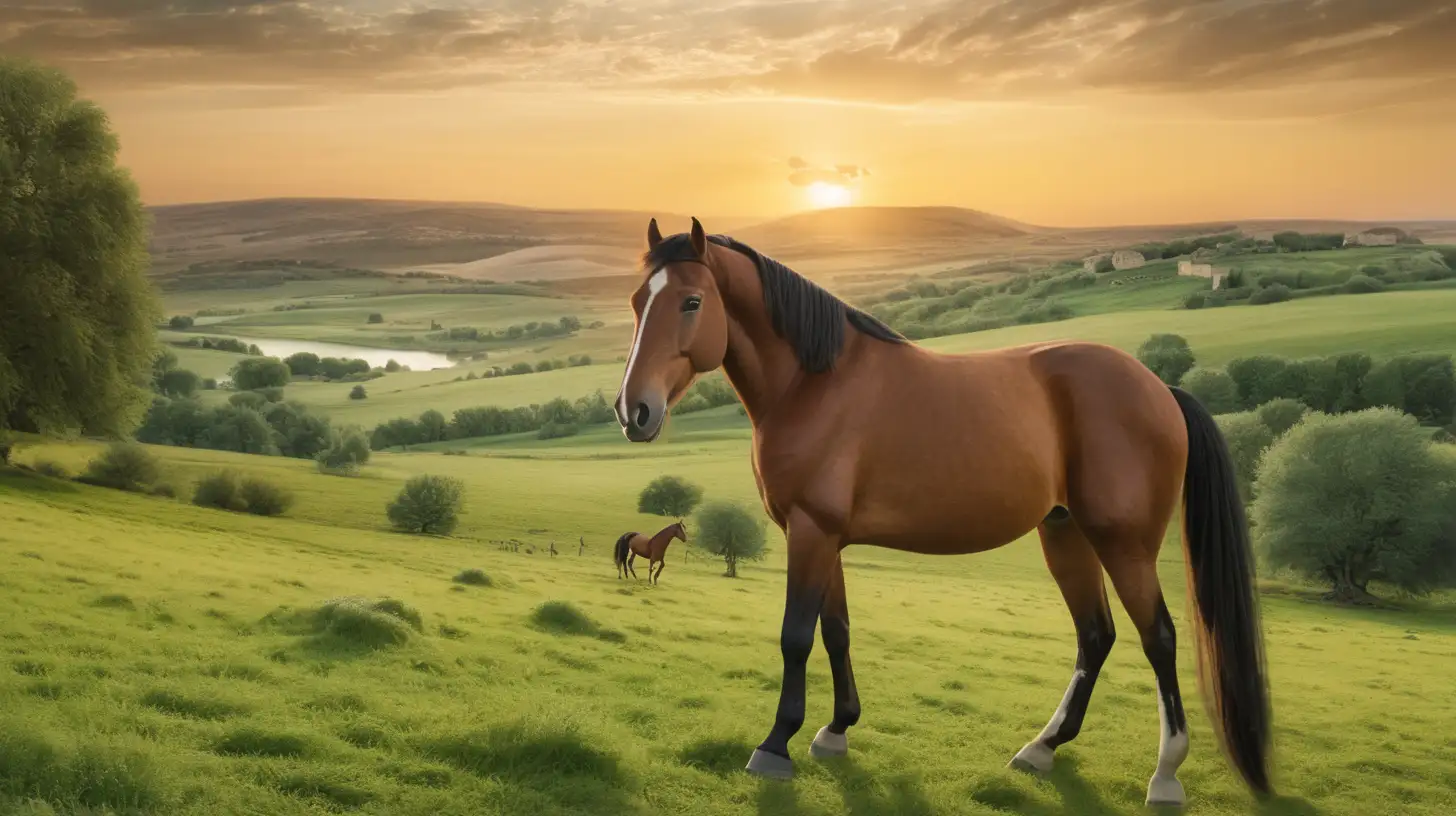 epoque biblique, un cheval dans une clairière verdoyante, en été, dans le fond un paysage biblique avec un coucher de soleil