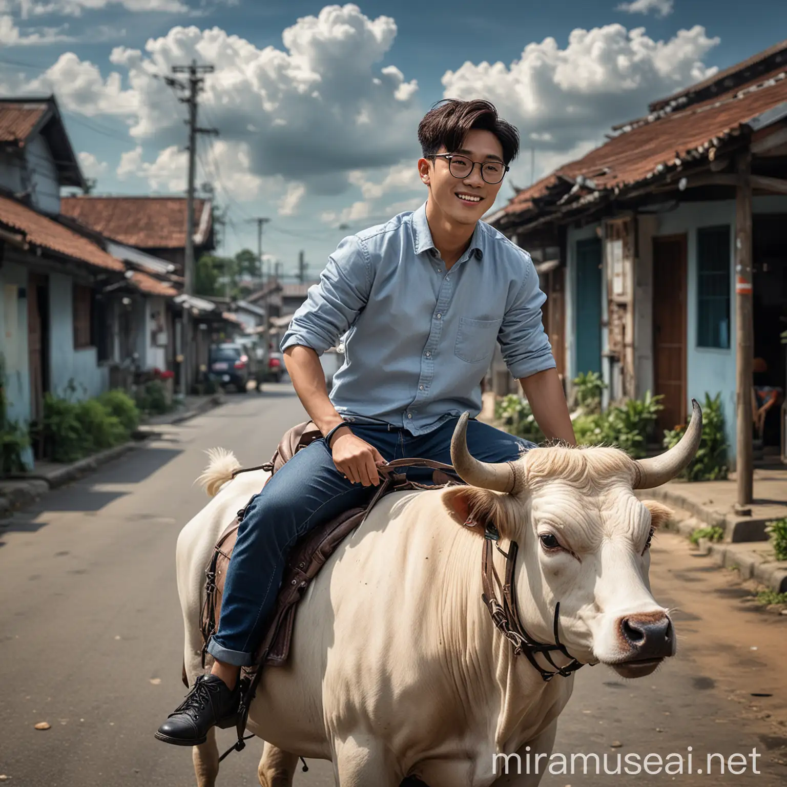 Handsome Korean Man Riding Limousin Bull in Indonesian Village Street