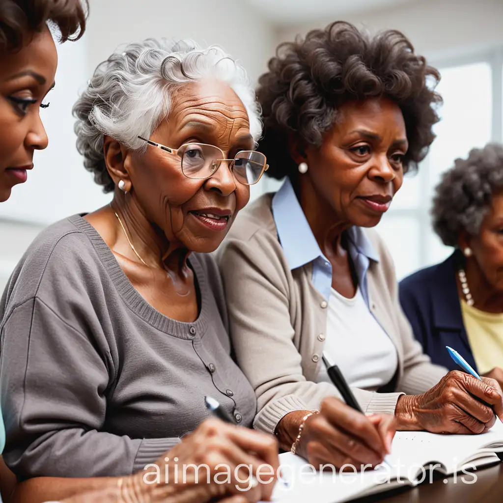 Des femmes noires âgées en train de suivre une formation en prenant des notes
