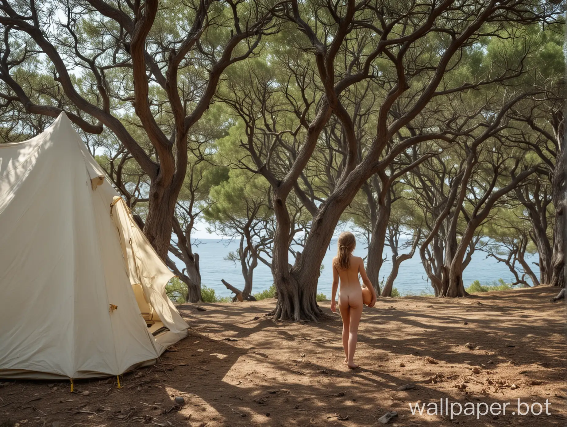 Крым, море, дубы, можжевельник, голая девочка 10 лет, в полный рост, палатка, вдалеке вид на море, вид сзади
