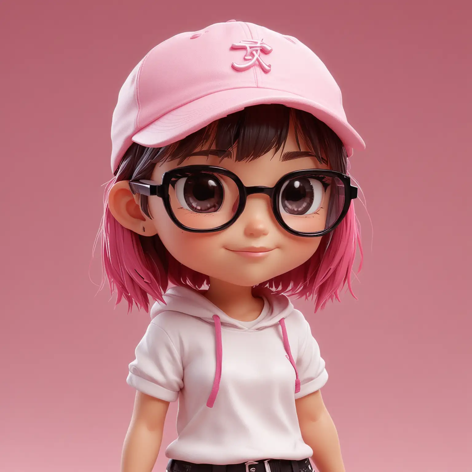 A cute Pux girl, half-body, high quality, high detail, cute, smiles,blind box toy style, soft lighting, character design, vibrant colors, wearing a white baseball cap, short hair,wearing a loose white t-shirt, black shorts, pink sneakers, black framed glasses, 3D character,-ar 70:93 high quality, high-definition details, pink background, generate PNG format transparent background picture, energetic look, head to body ratio is 1:1, style similar to Japanese manga style, clay material, fine details, hybrid rendering engine, 3D rendering --ar 70:93