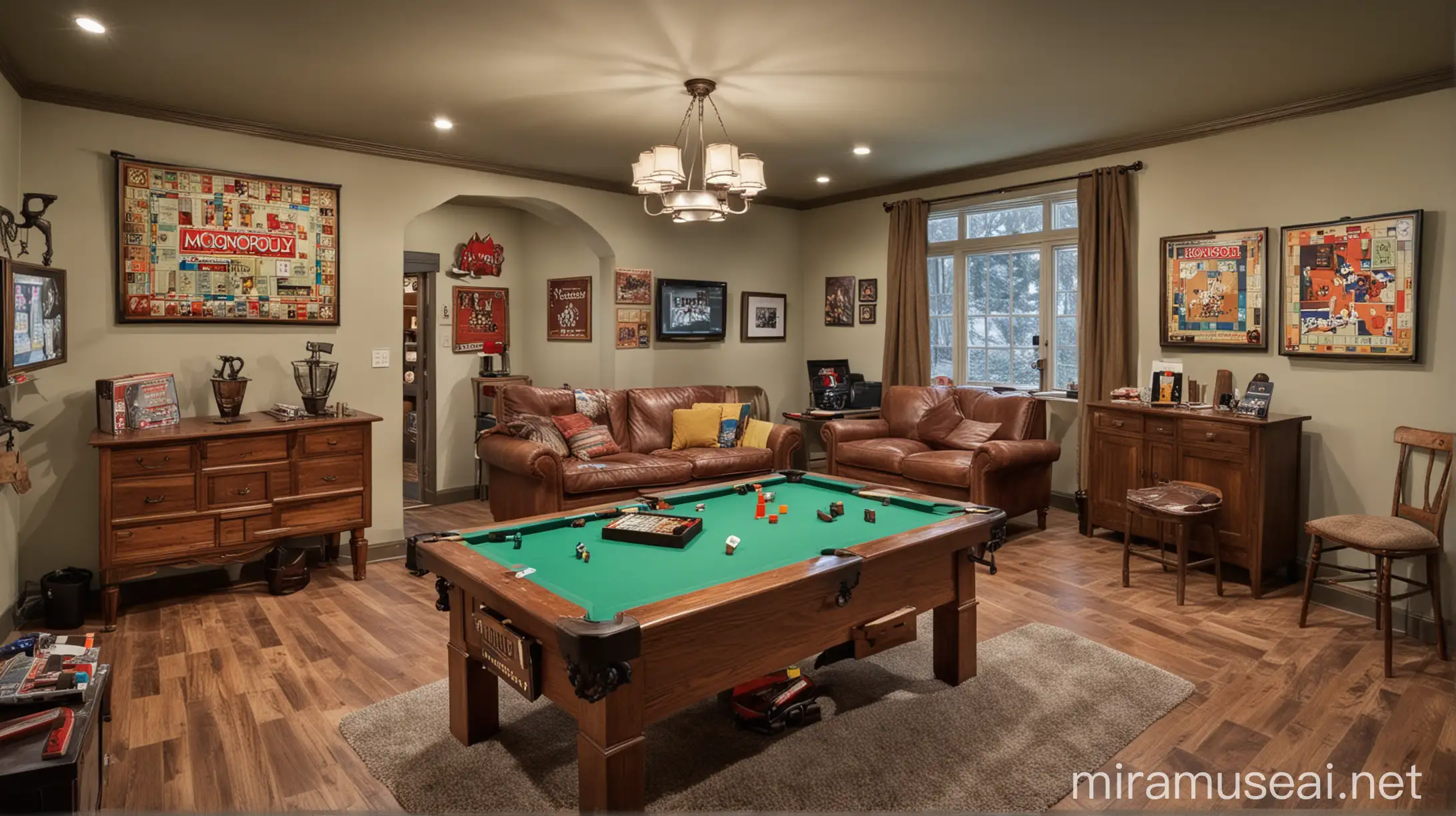 Real
A game room with different games and seat,a different kind of family room,coziness, intrigue,mystery,want to try it out,video games, monopoly,scrabble, family games
