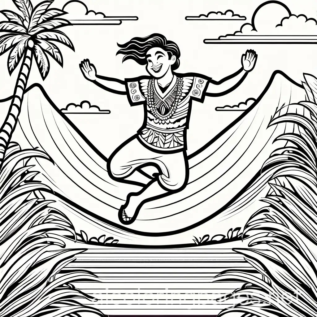 DRAW ME A COLORING BOOK PAGE WITH THIS HAWIAN TEEN JUMPIING IN ATRADITIONAL OUTFIT WITH LARGER EYES AND A BACKGROUND OF ALL THE THINGS TO DO IN HAWAII, Coloring Page, black and white, line art, white background, Simplicity, Ample White Space. The background of the coloring page is plain white to make it easy for young children to color within the lines. The outlines of all the subjects are easy to distinguish, making it simple for kids to color without too much difficulty