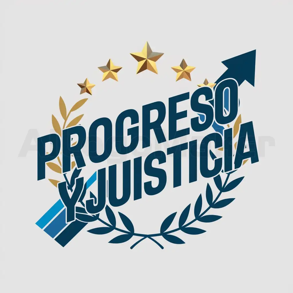 a logo design,with the text "progreso y justicia", main symbol:stars around the name, color blue, with laurels and an arrow upward,Moderate,clear background