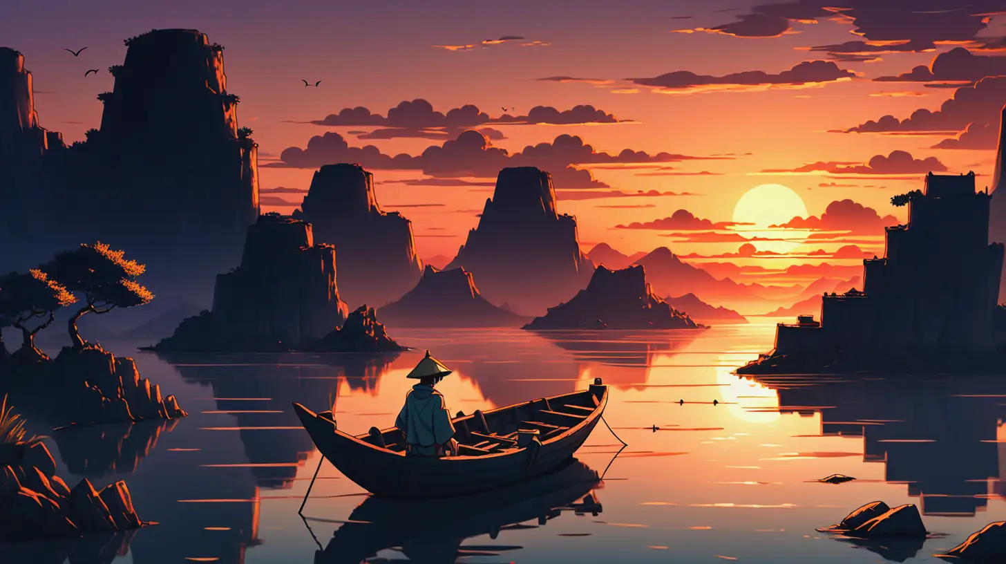 Anime Cartoon Fisherman in Small Boat at Sunset