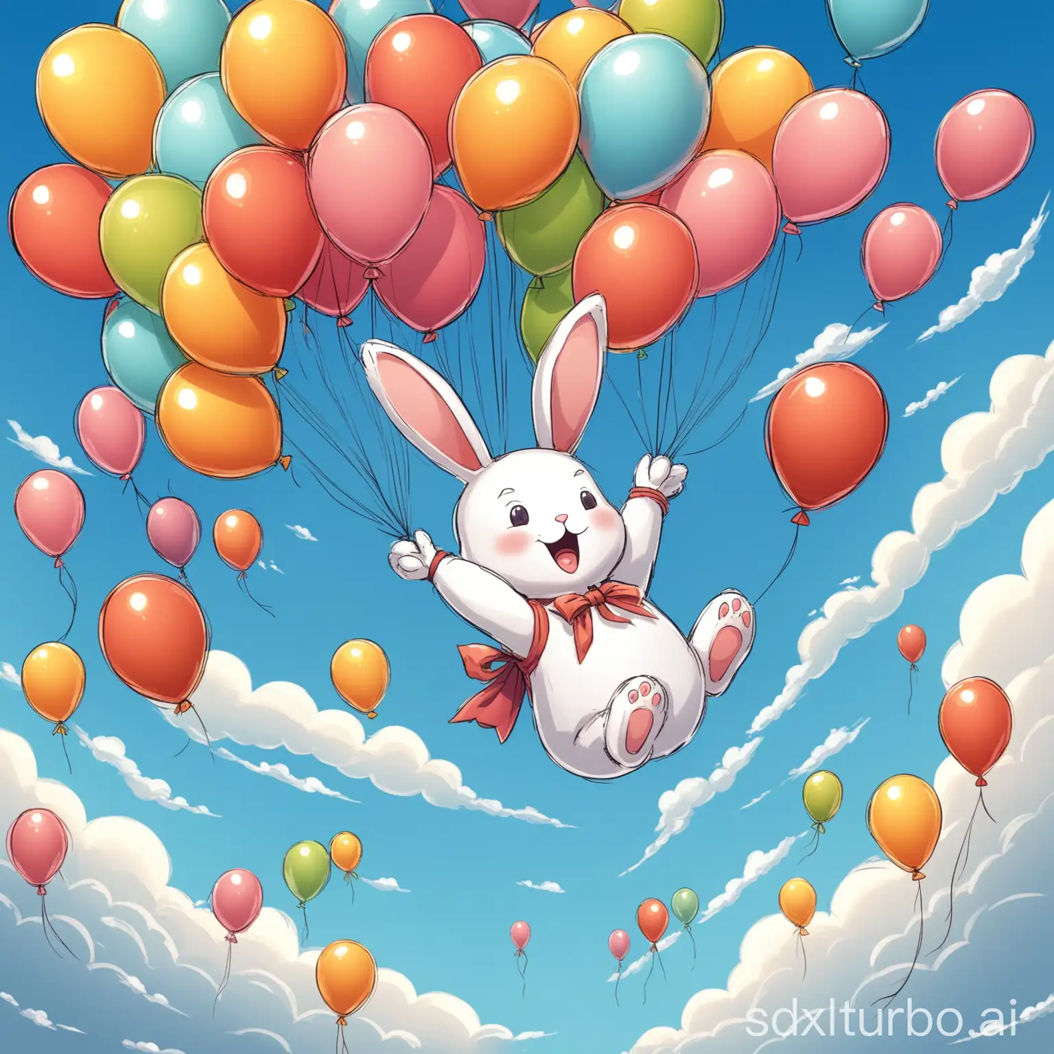 Cartoon-Rabbit-Flying-with-Colorful-Balloons-in-Sky
