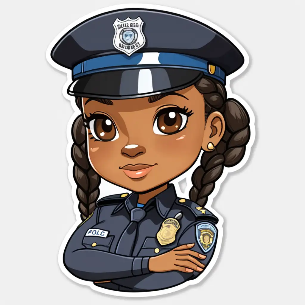 Cute Cartoon Sticker of Black Woman Police Officer in Brown Uniform