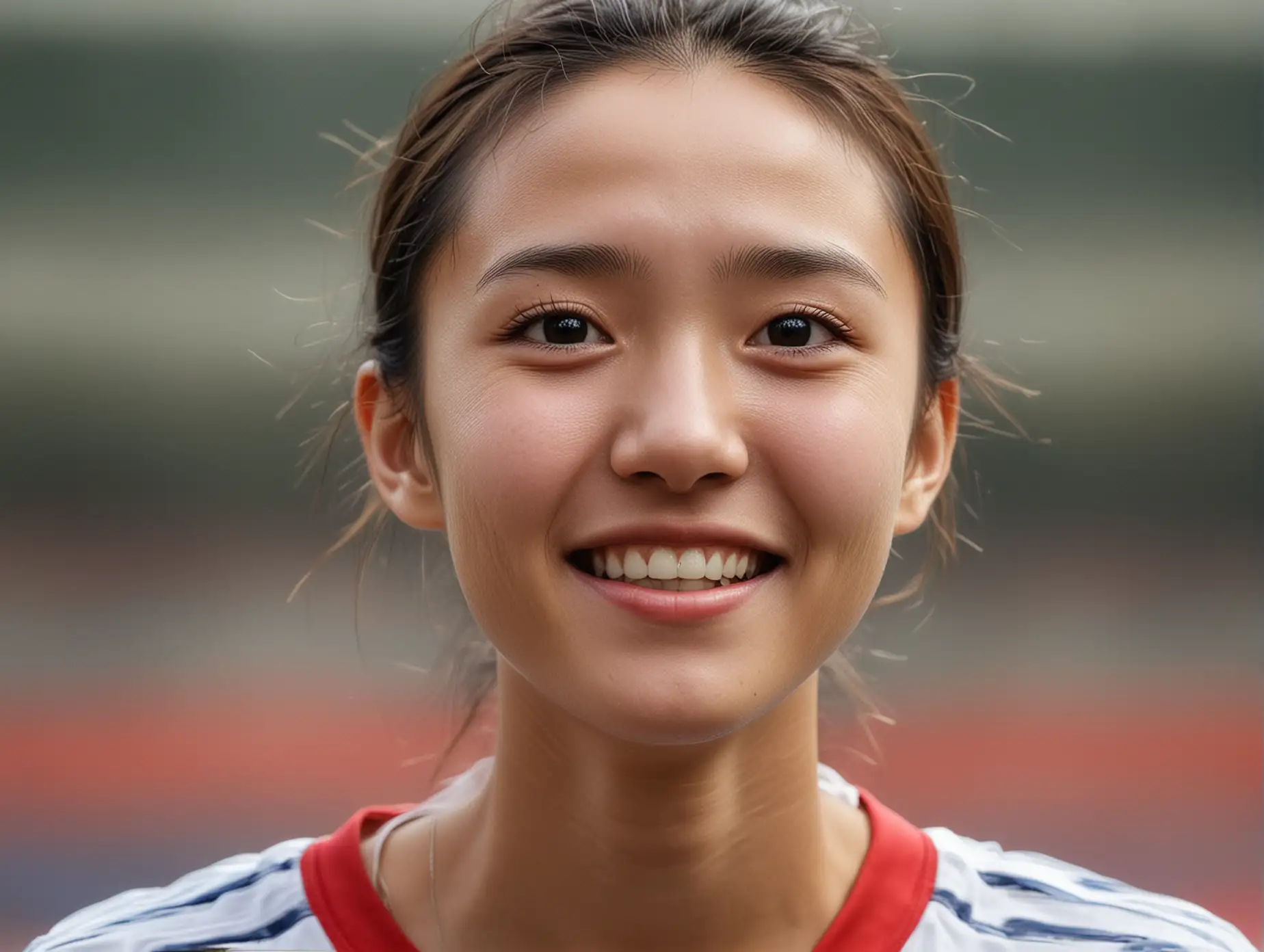 Close up natural face without make-up of an extremely beautiful skinny soccer girl from Shenyang overwhelmed with joy, moments after a glorious goal.