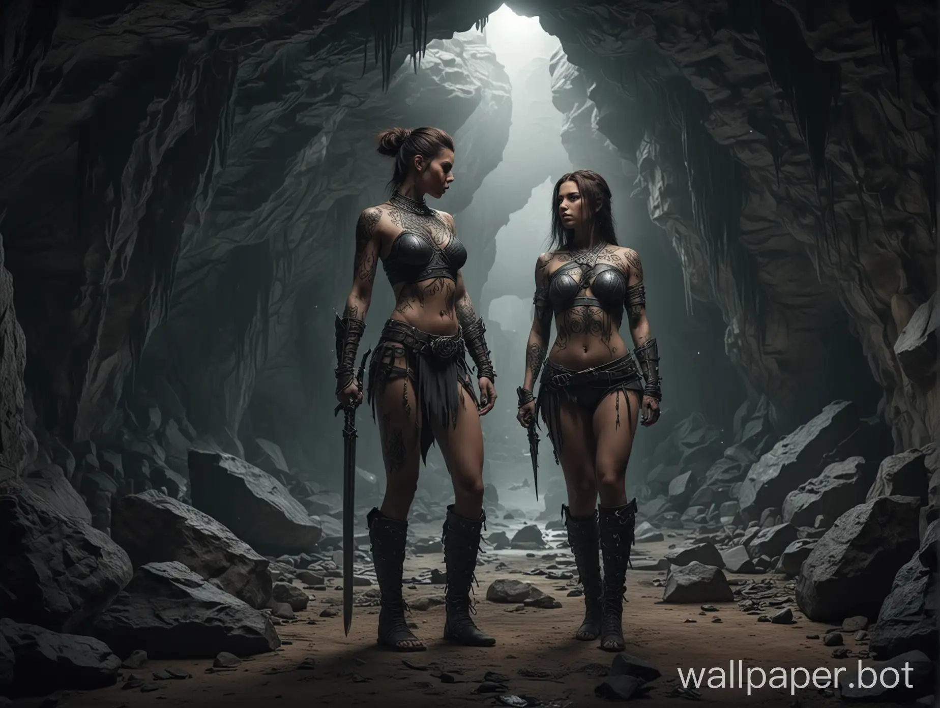 beautiful fantasy woman with tattoo in the cave. she must be a warrior. full height.  dark scene. resolution 4k