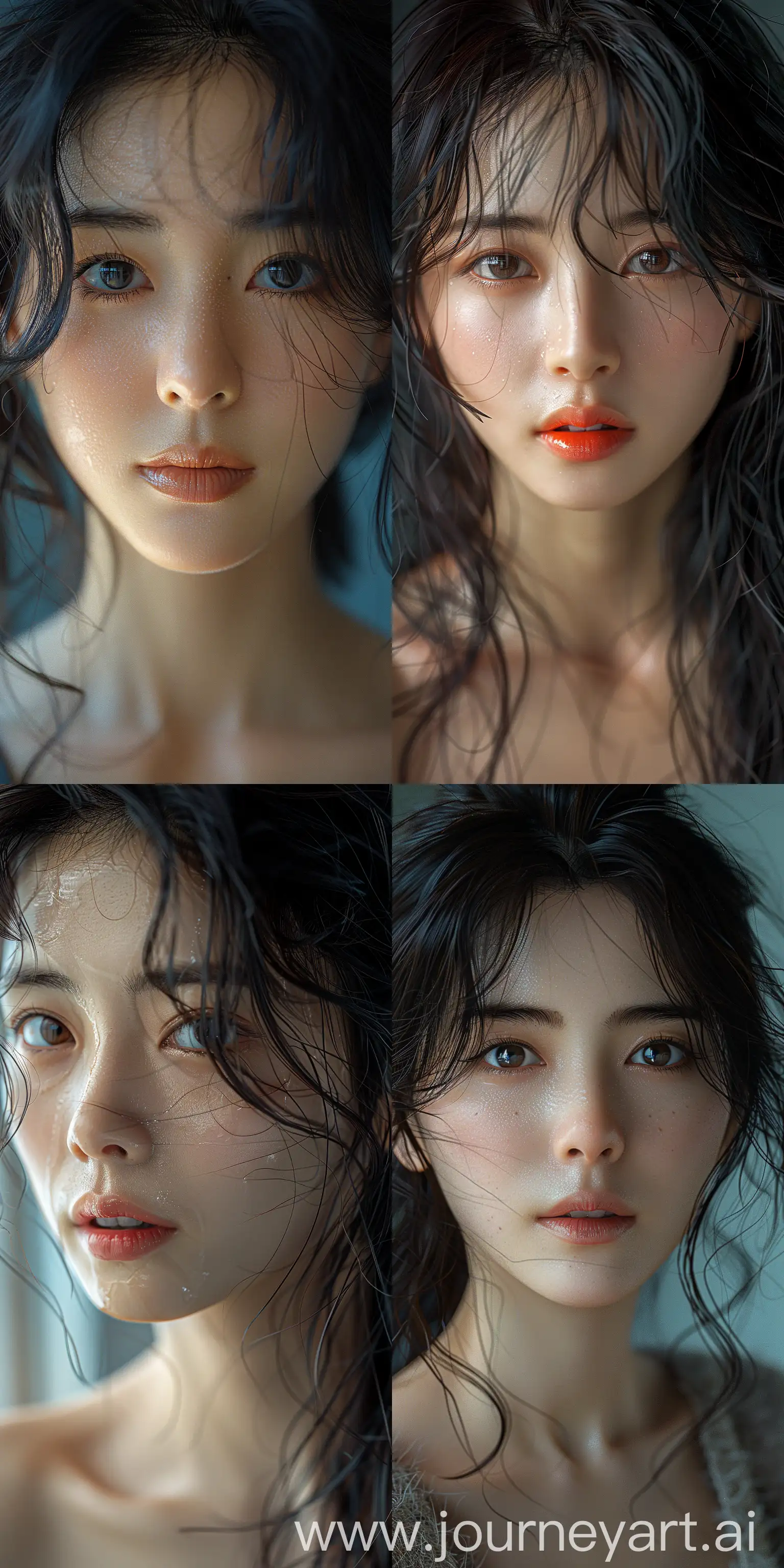extreme close-up, korean woman, 20-25 years old, in the style of Asian beauty standards, photorealistic, shot with Sony Alpha a7R IV 35mm f/5.6 --ar 1:2 --style raw --stylize 750