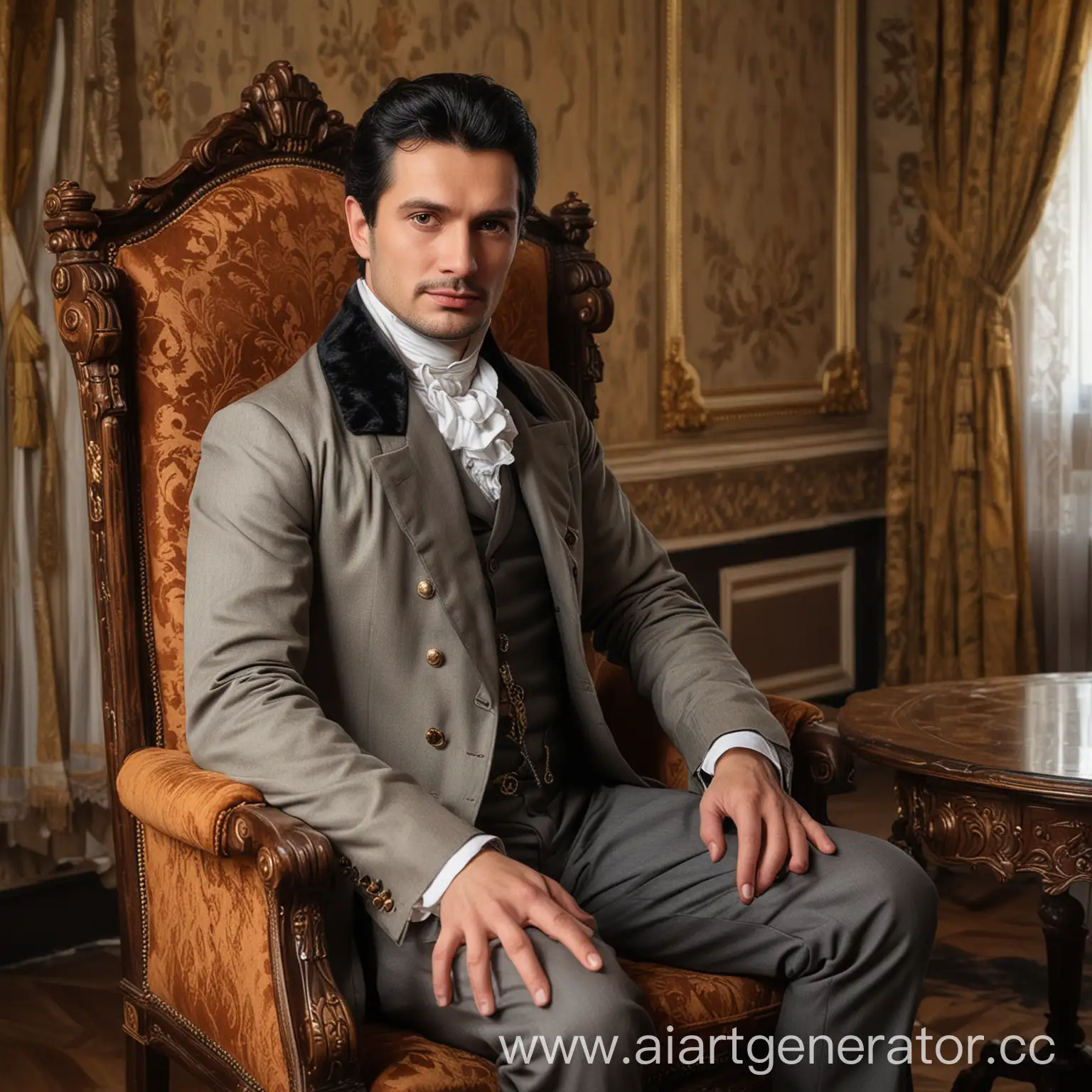 Русский мужчина 40 лет, чёрные волосы, карие глаза, одет в мужскую одежду 19 века, добрый, сидит на красивом стуле в аристократичной комнате, панель Резидент Ивел