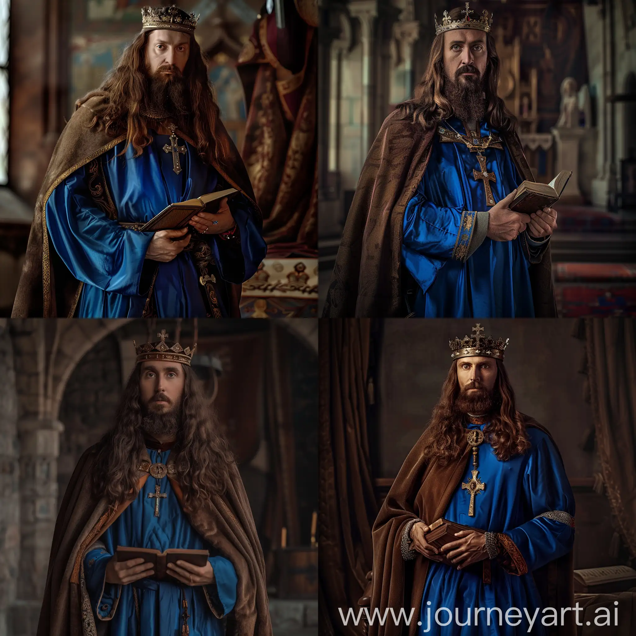 King of Hungary Stephen I, depicted in blue silk robe and brown cape, wearing crown of hungary with a small cross on it, long brown hair and well shaped long beard, at his royal palace, holding a medieval book and a cross in his hands, cinematic lighting